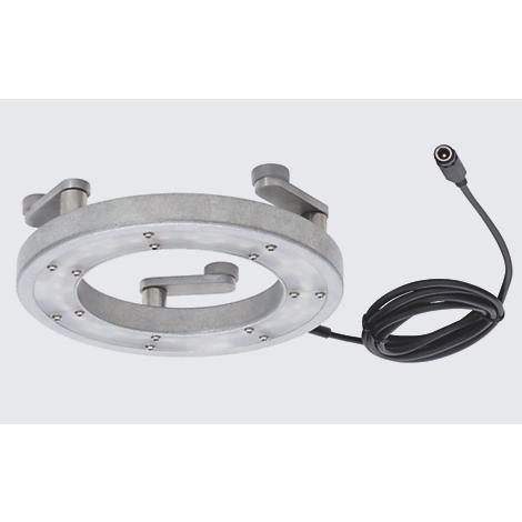 Anneau métallique circulaire avec de petites vis, trois supports et un câble d'alimentation. Fond blanc au premier plan.