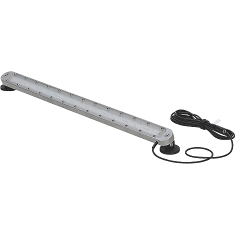 Lampe LED grise et allongée avec câble et ventouses.