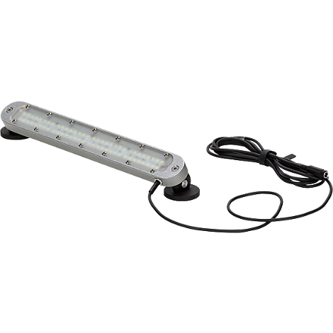 Une lampe LED oblongue en métal avec un câble. Elle a une surface lisse et est fixée avec des vis.