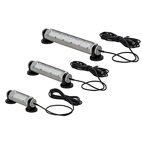Trois lampes LED métalliques avec câbles et bases noirs sur fond blanc.