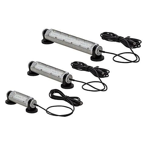 Trois lampes LED rectangulaires avec des câbles noirs sur fond blanc.