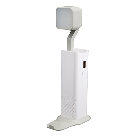 Lampe de bureau blanche et moderne avec une tête lumineuse cubique, port USB et base grise.