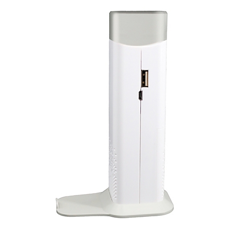 Tour blanche avec connexion USB. Couvercle gris en haut, base plate en bas.