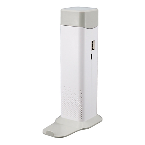 Appareil blanc en forme de tour avec une base et un dessus gris. Il possède un port USB et des trous de ventilation.
