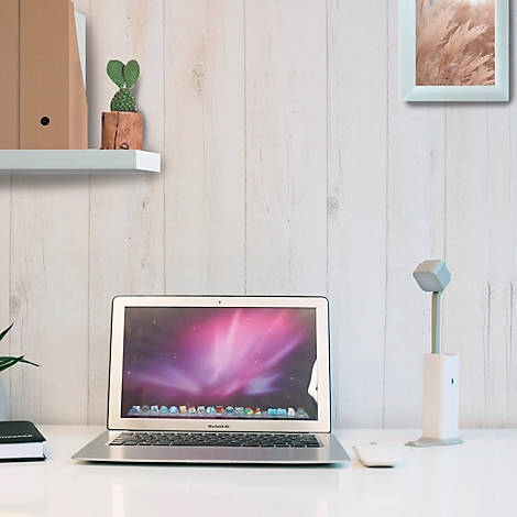 Bureau avec ordinateur portable, cactus, cahier, lampe et cadre photo. L'écran affiche une palette de couleurs rose et violette.