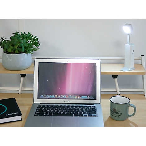 Ordinateur portable, plante, lampe de bureau, tasse à café, livre sur une table en bois.