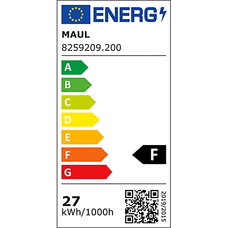 Étiquette énergétique avec les lettres A à G et la valeur F. Sous l'étiquette, on trouve 'MAUL' et un numéro. En bas, on trouve '27 kWh/1000h'.
