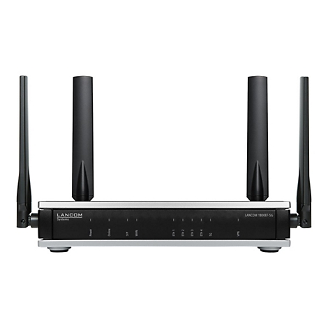 Ein schwarzer LANCOM Router mit vier Antennen, Text: LANCOM Systems, LANCOM 1800EF-5G.