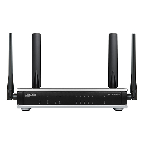 Ein schwarzer LANCOM Router mit vier Antennen, auf hellgrauem Hintergrund. Beschriftung: LANCOM Systems, LANCOM 1800EF-5G.