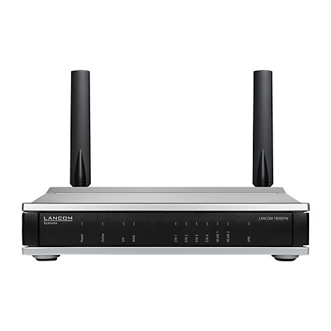 Un routeur LANCOM gris avec deux antennes noires. Étiqueté : Power, Online, SFP, WAN, ETH 1-4, WLAN 1-2, VPN.