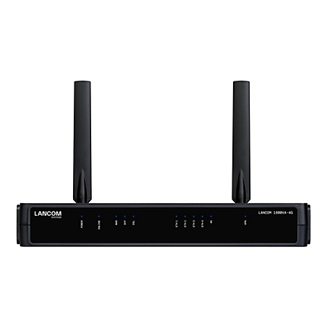 Routeur noir avec deux antennes. Étiquettes : Power, Online, WAN, SFP, DSL, ETH 1-4, 4G, VPN et LANCOM.