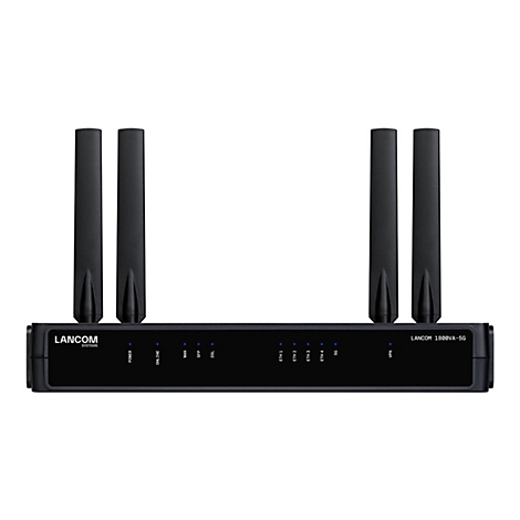 Routeur Wi-Fi noir avec quatre antennes, logo LANCOM et voyants lumineux. Étiqueté avec les ports et le nom du modèle.