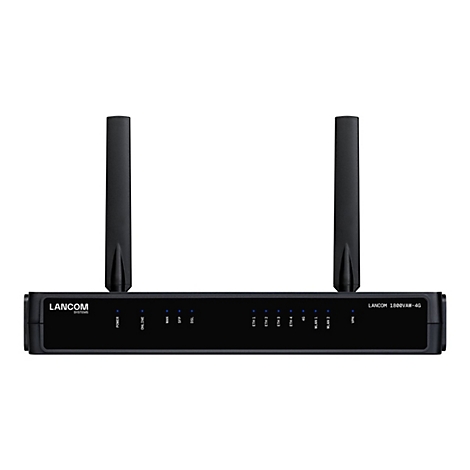 Ein schwarzer LANCOM Router mit zwei Antennen. Auf der Vorderseite befinden sich diverse Leuchten, sowie die Bezeichnung LANCOM 1800VAW-4G.