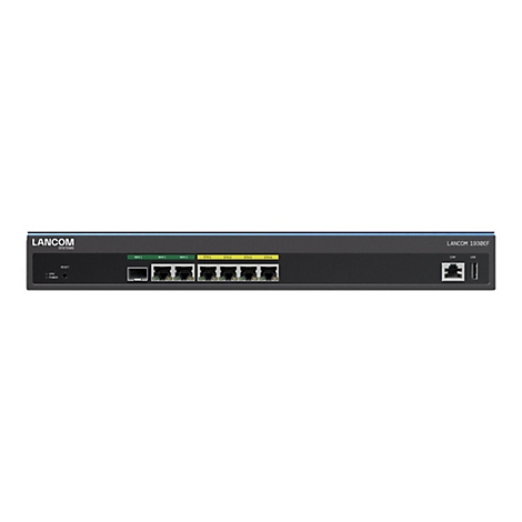 Schwarzer LANCOM Router mit diversen Anschlüssen, Beschriftung und Markenlogo.