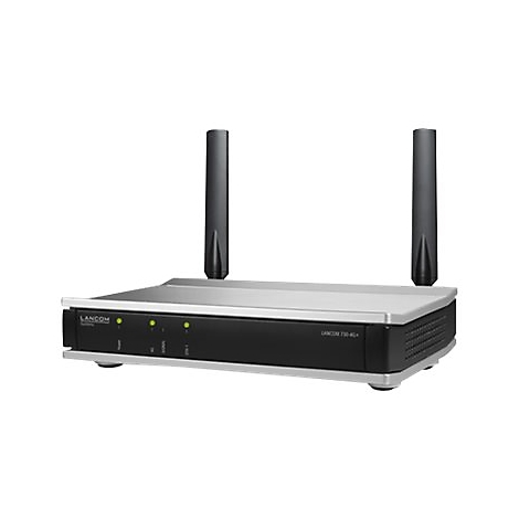 Ein schwarzer Router mit zwei Antennen. Auf der Vorderseite sind grüne Lichter und der Schriftzug LANCOM zu sehen.