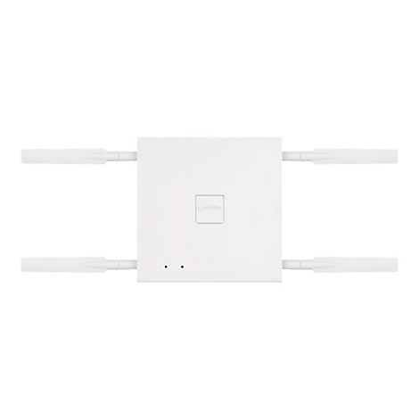 Draufsicht auf einen weiÃŸen WLAN-Access-Point mit vier Antennen. Auf der Oberseite befinden sich zwei kleine Lichter und ein Markenlogo.