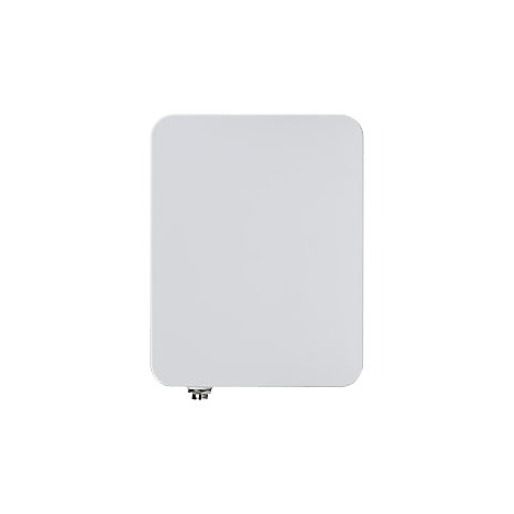 Plaque blanche rectangulaire aux coins arrondis. Un élément argenté est visible en bas.