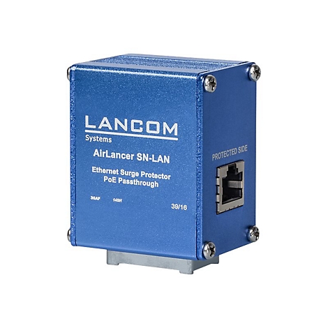 Blauer Ethernet-Überspannungsschutz mit Aufschrift AirLancer, RJ45-Anschluss, und Schrauben.