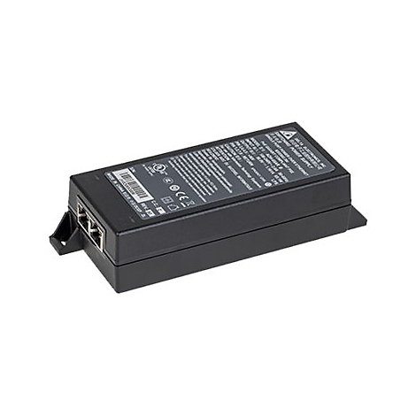 Schwarzes Netzteil mit Anschlüssen, Aufklebern und Logos.