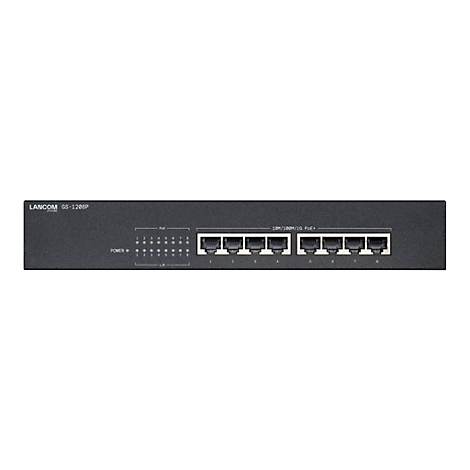Ein schwarzer LANCOM GS-1208P Switch mit acht Netzwerkanschlüssen und Kontrollleuchten, vor weißem Hintergrund.