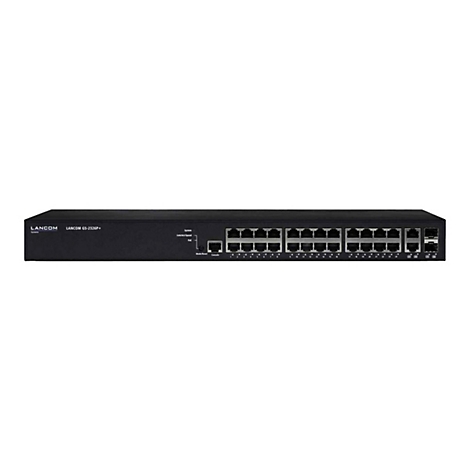 Schwarzer LANCOM-Switch mit zahlreichen Anschlüssen, Beschriftungen und LEDs. Modell GS-2326P+.