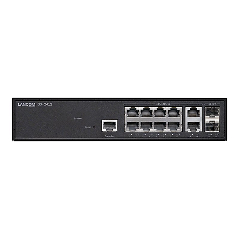 Schwarzer Netzwerk-Switch mit 12 Ports, Beschriftung: LANCOM GS-2412. Oben Ports für 10/100/1G und 1G SFP. Unten: Reset und Console.