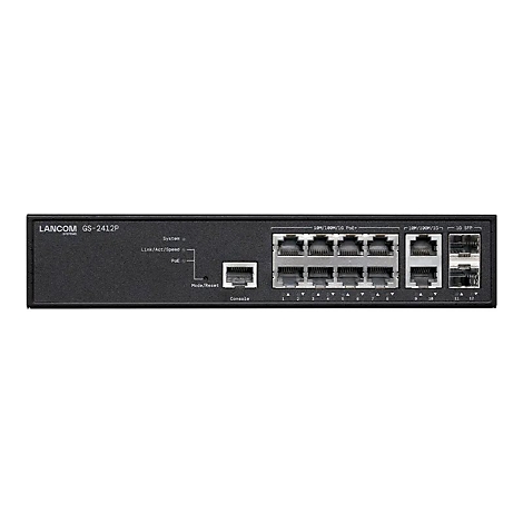 Schwarzer Netzwerk-Switch mit Anschlüssen, Beschriftung: LANCOM GS-2412P. Anschlüsse mit Beschriftung: 10M/100M/1G POE+; 10M/100M/1G; 10 SFP.