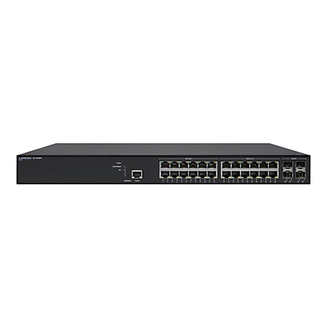 Schwarzer Netzwerk-Switch mit Anschlüssen, Beschriftungen und LED-Anzeigen.