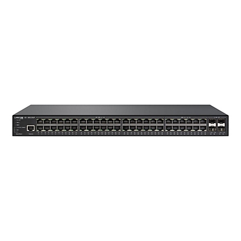 Un commutateur noir de LANCOM. La face avant montre de nombreuses connexions réseau et afficheurs.