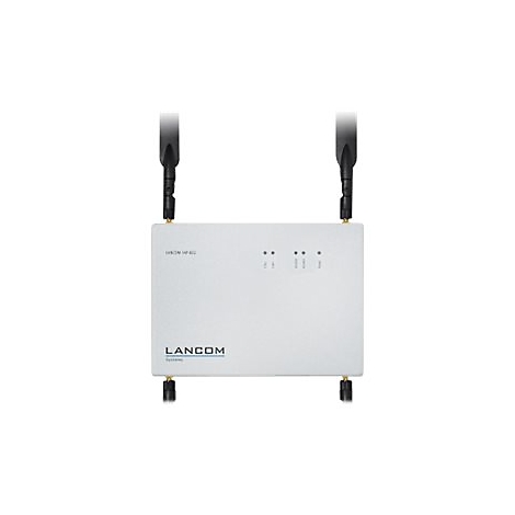 Weißes LANCOM-Gerät mit Antennen, schwarze Schriftzüge.