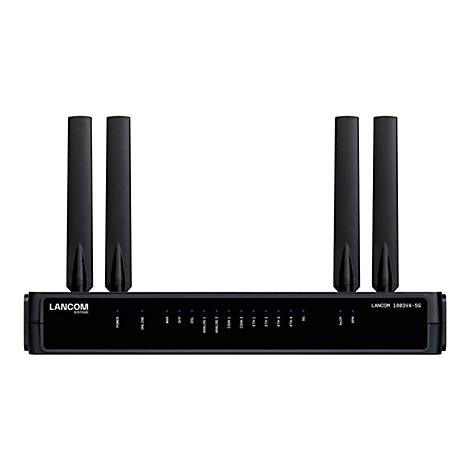 Routeur noir avec 4 antennes. Haut: LANCOM 1803VA-5G. De nombreux ports et indicateurs LED à l'avant.