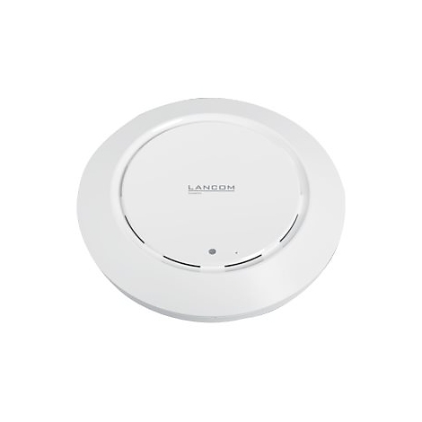 Runder, weißer Access Point mit dem Schriftzug LANCOM, grauen Details und einer kleinen Status-LED.