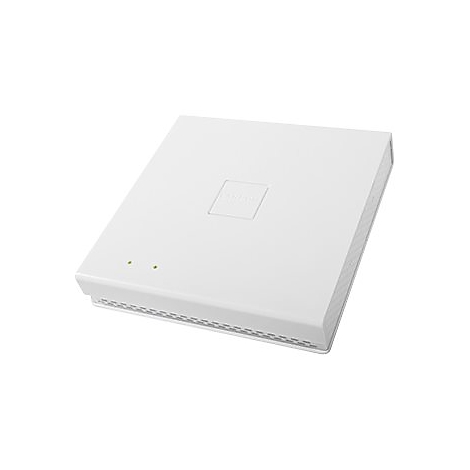 Un appareil réseau carré blanc avec "Cisco" imprimé dessus. Deux LED vertes s'allument à l'avant.