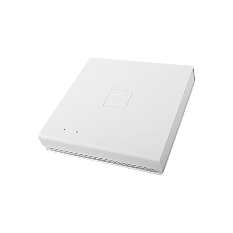 Un point d'accès rectangulaire blanc avec un logo et des voyants verts.