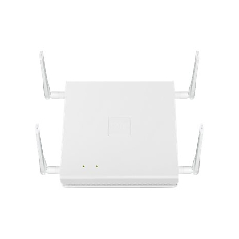 Drahtloser Access Point. Quadratisches, weißes Gerät mit vier Antennen, zwei grünen Lichtern und Firmenlogo.