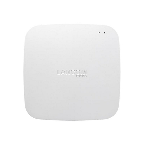 Point d'accès Wi-Fi blanc rectangulaire avec l'inscription "LANCOM SYSTEMS". Deux petits points noirs en haut.