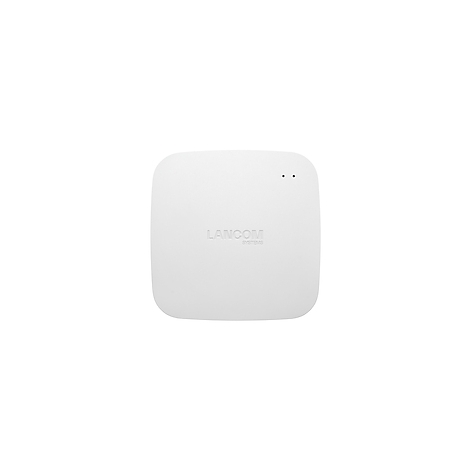 Ein weißes, quadratisches Gerät mit abgerundeten Ecken und dem eingeprägten Schriftzug „LANCOM systems“.