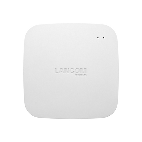 Rechteckiger, weißer WLAN-Router mit abgerundeten Ecken. Der Schriftzug „LANCOM SYSTEMS“ ist auf dem Gerät eingeprägt. Zwei kleine schwarze Punkte oben.