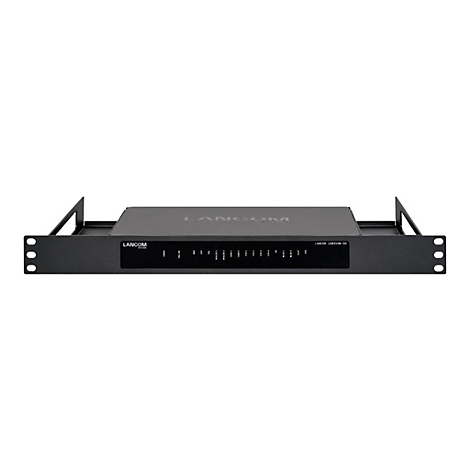 Routeur LANCOM noir dans un rack, vue de face. Logo LANCOM en haut, voyants lumineux et nom du modèle en bas.
