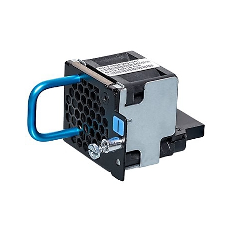 Ein Computerlüftermodul mit blauem Griff. Schwarzes Gitter, Metallgehäuse und Etikett.