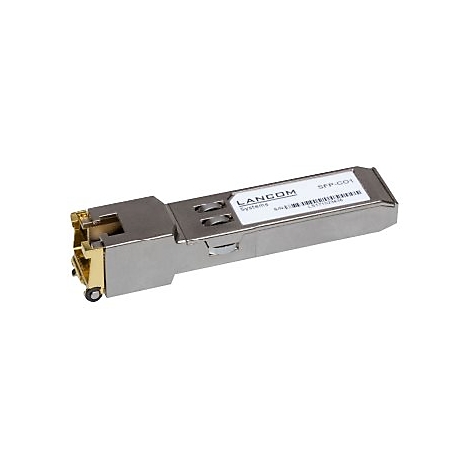 Ein SFP-Modul, silberfarbenes Metallgehäuse, mit Etikett "LANCOM Systems".