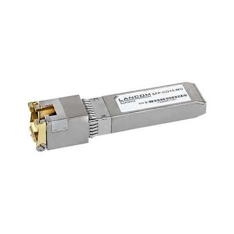 Un module SFP gris avec l'inscription LANCOM SFP-CO10-MG et un code-barres. Sur fond blanc.