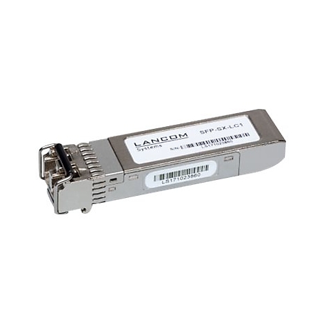 Ein silberfarbenes SFP-Modul mit Schriftzug. Aufkleber mit SFP-SX-LC1 und LANCAM Systems.