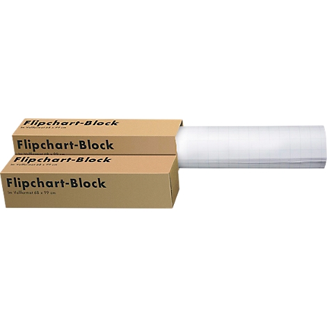 Three flipchart blocks in boxes, next to a roll of paper.