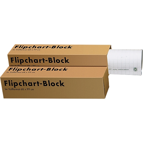 Three flipchart blocks in brown boxes. One block is partially open, showing the paper.