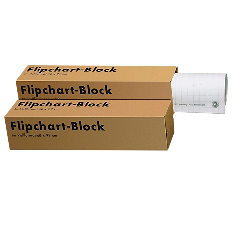 Two brown boxes with the text "Flipchart-Block", one block partially pulled out. Text: In full format 66 x 99 cm.