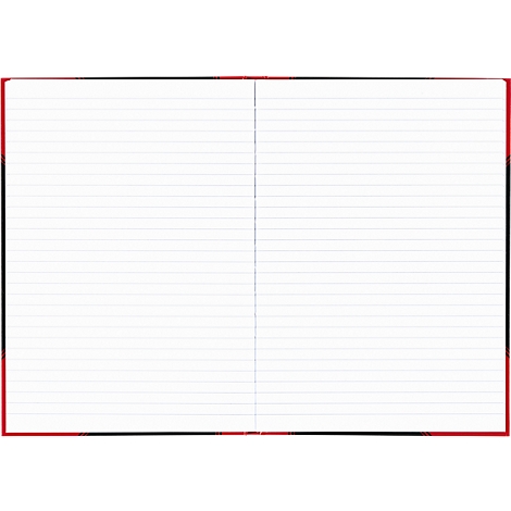 Open notebook with lined pages, red and black frame.