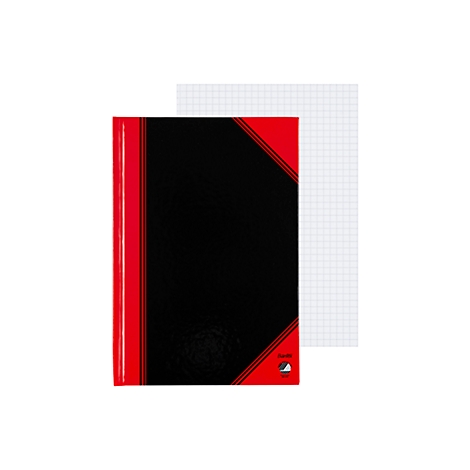 Black notebook with red cover and checkered paper, partially hidden. The book lies in front of a checkered page.
