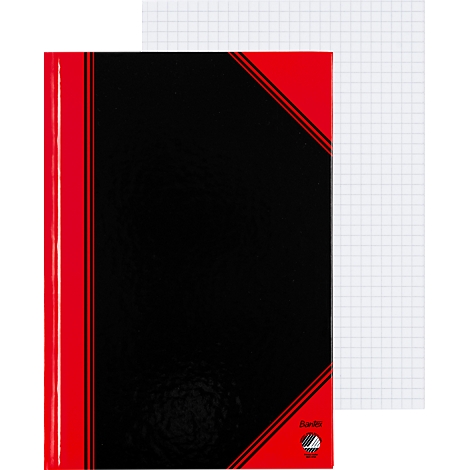 Black notebook with red border and grid paper. The spine and corner are highlighted in red.