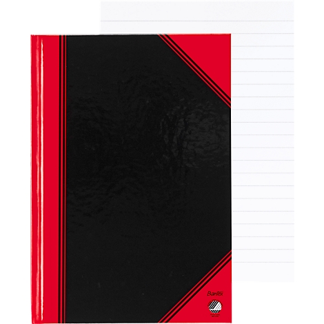 Black notebook with red binding. The pages are lined, the spine and corners are red.